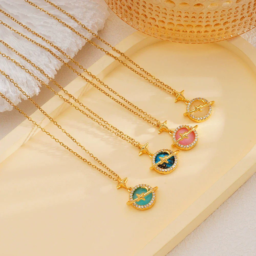 Women's Copper Necklace With Mixed Gemstone Setting Star Pendant Electroplating Light Luxury Design - Image 3