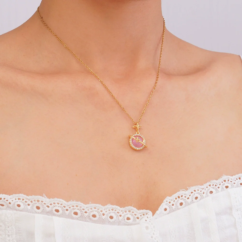 Women's Copper Necklace With Mixed Gemstone Setting Star Pendant Electroplating Light Luxury Design - Image 9