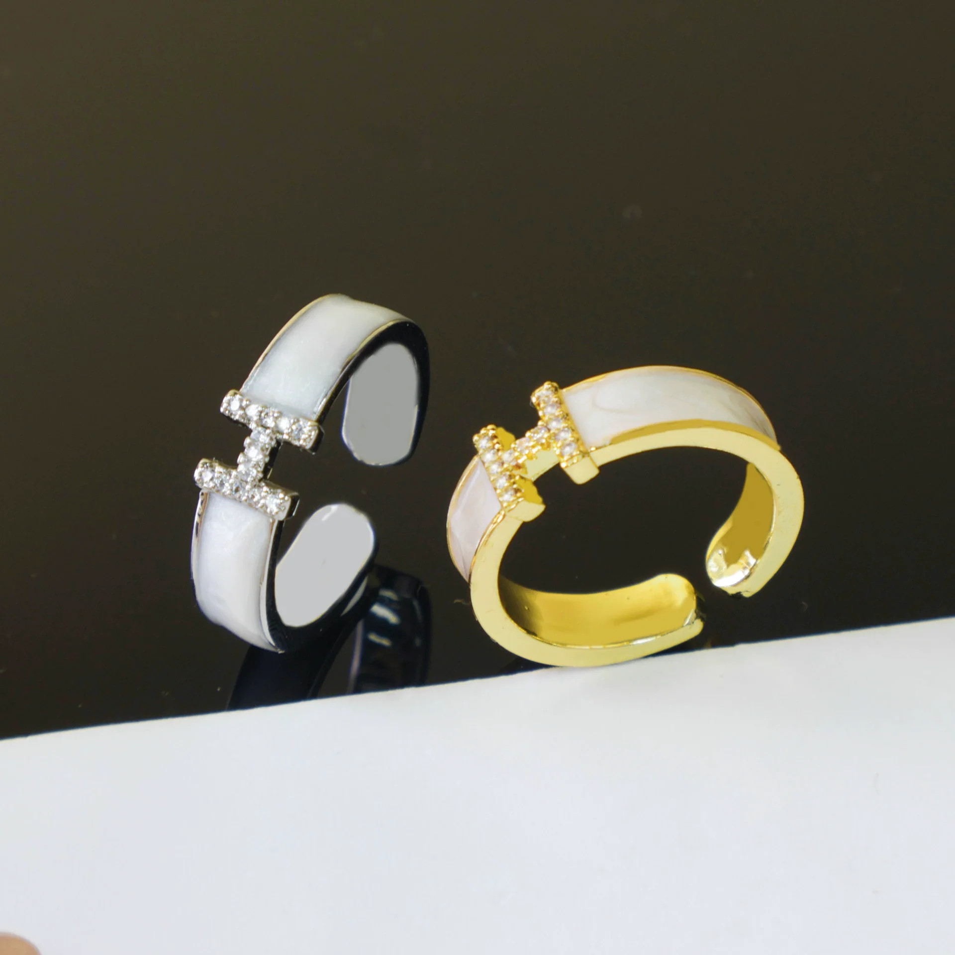 Women's Copper Open Ring With Letter H And Zircon Real Gold Plated Light Luxury Niche Design - Image 4