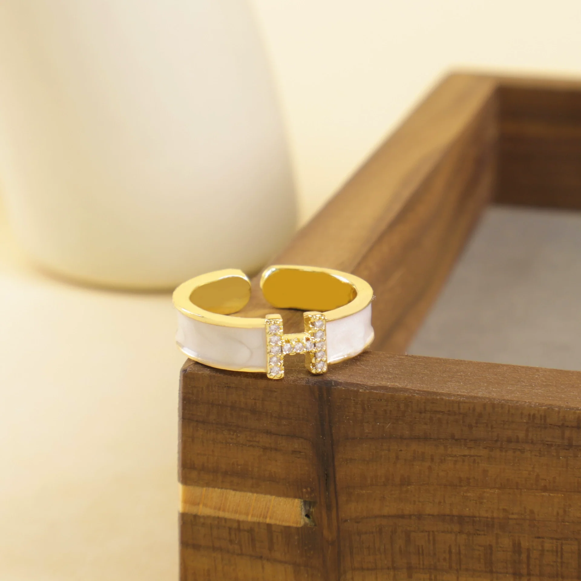 Women's Copper Open Ring With Letter H And Zircon Real Gold Plated Light Luxury Niche Design - Image 6