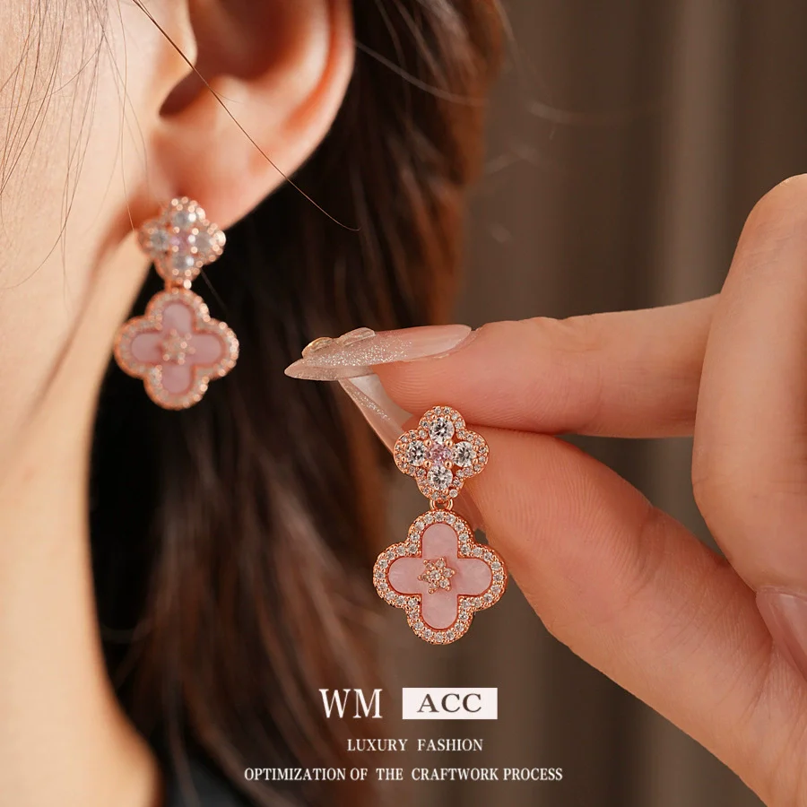 Women's Copper Pendant Earrings With 925 Silver Needle Set With Zirconia And Motherofpearl Flower Design Light Luxury Style - Image 2