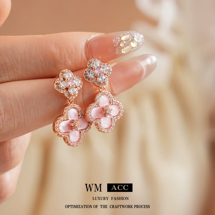 Women's Copper Pendant Earrings With 925 Silver Needle Set With Zirconia And Motherofpearl Flower Design Light Luxury Style - Image 3
