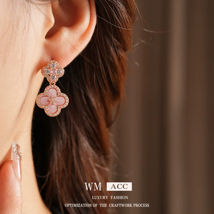 Women's Copper Pendant Earrings With 925 Silver Needle Set With Zirconia And Motherofpearl Flower Design Light Luxury Style - Image 4