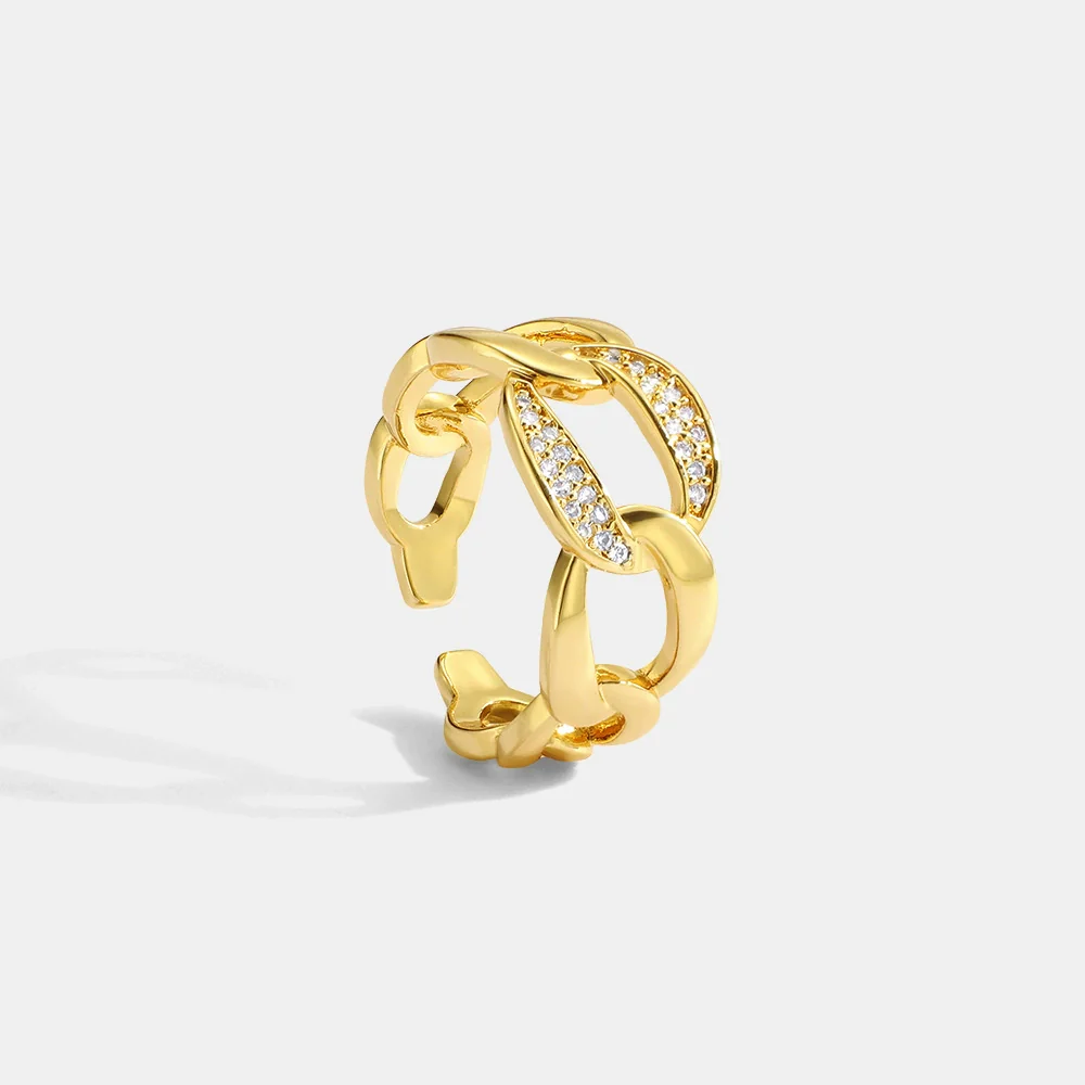 Women's Copper Plated Gold Cuban Chain Style Finger Ring With Zircon