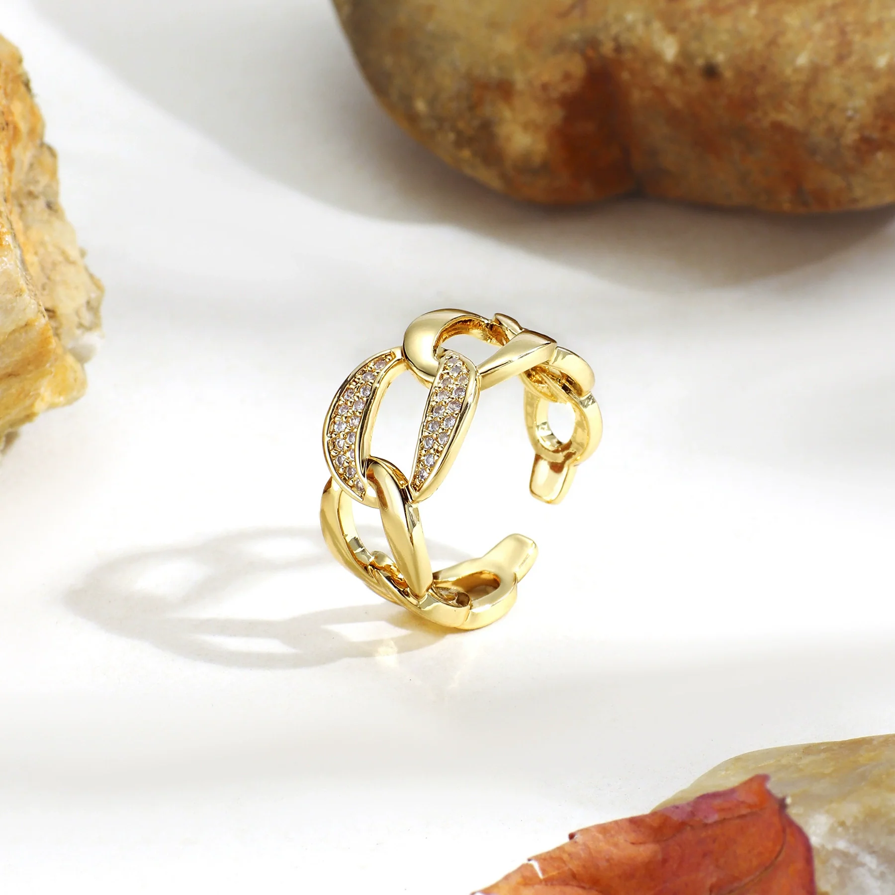 Women's Copper Plated Gold Cuban Chain Style Finger Ring With Zircon - Image 4