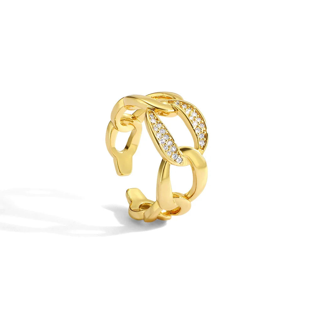 Women's Copper Plated Gold Cuban Chain Style Finger Ring With Zircon - Image 6