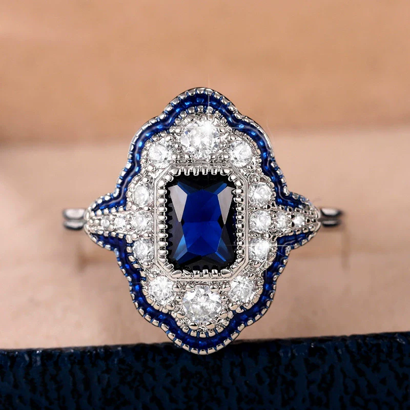 Women's Copper Ring With Peacock Blue Color Oil Dripping Drawing Design Lace Hollow Thin Crown Geometric Pattern Inlaid Zircon British Retro Style - Image 3