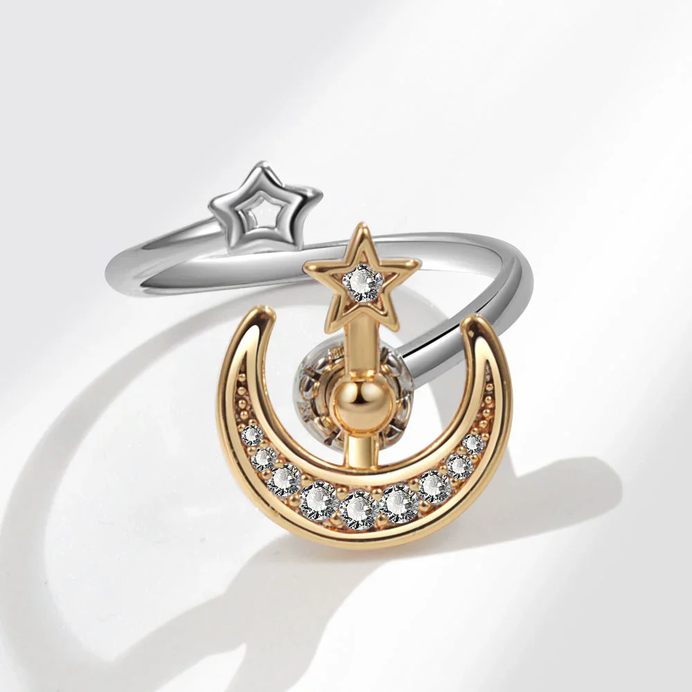 Women's Copper Star And Moon Open Ring With Geometric Pattern And Electroplating Treatment - Image 3