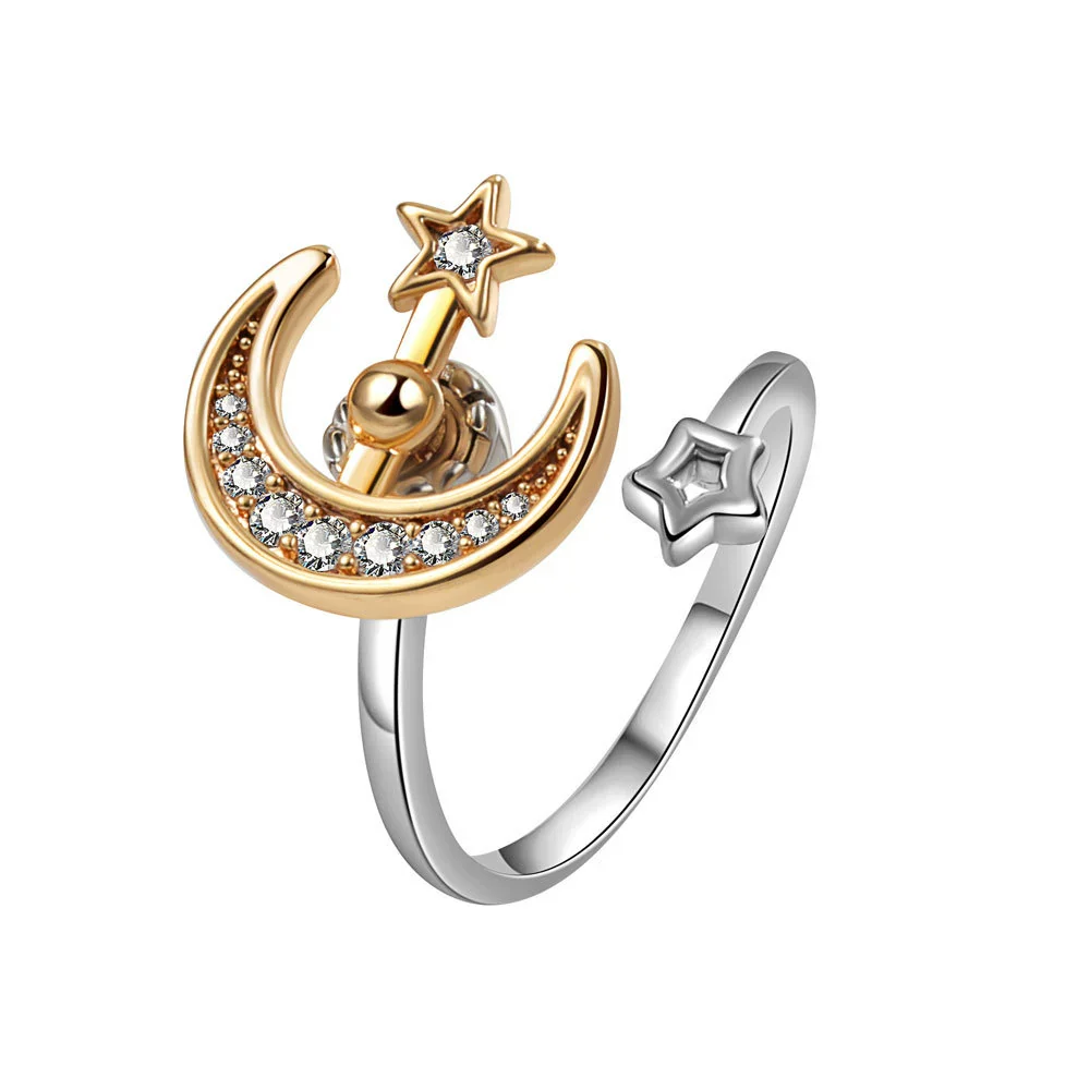 Women's Copper Star And Moon Open Ring With Geometric Pattern And Electroplating Treatment - Image 5