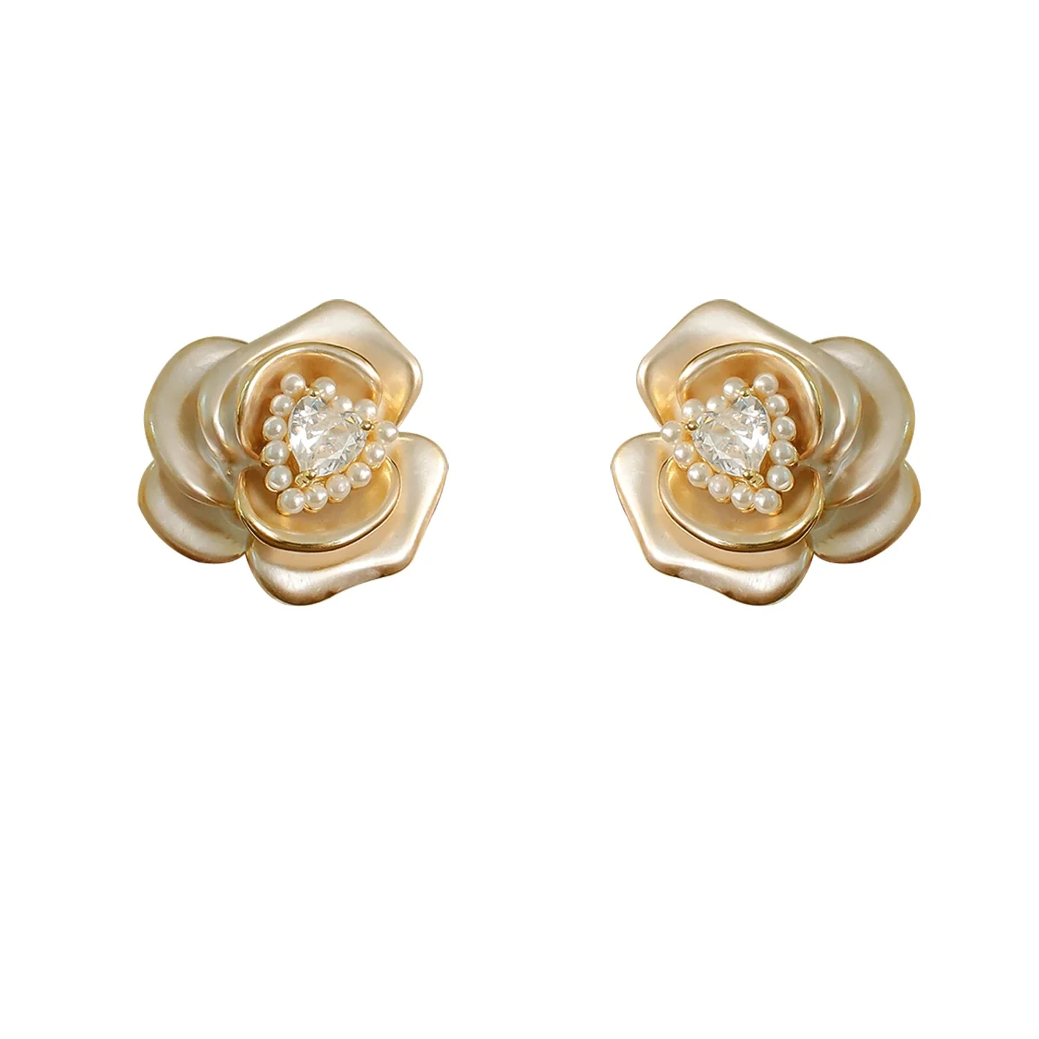 Women's Copper Threedimensional Geometric Camellia Enamel Electroplated Earrings With Pearl Stamen - Image 5