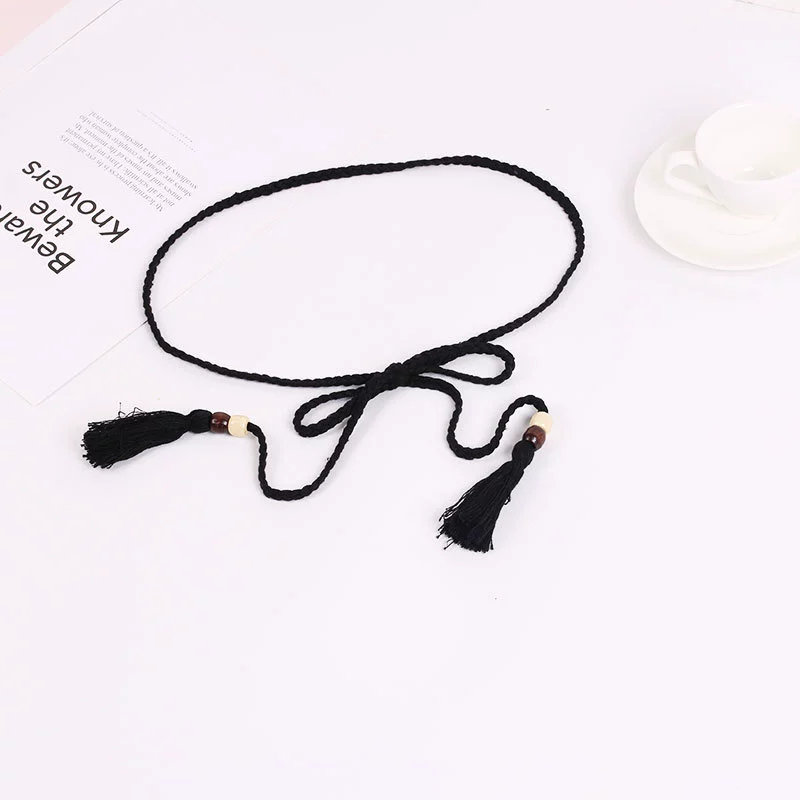 Women's Cotton Rope Handwoven Handmade Beaded Decorative Belt With Wooden Beads And Rope Tassel Accessories
