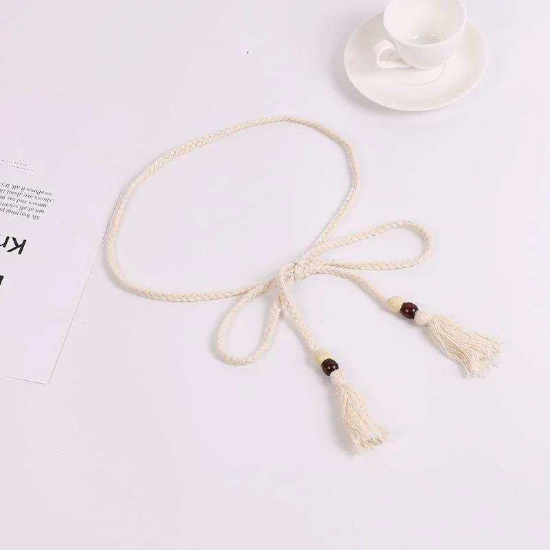 Women's Cotton Rope Handwoven Handmade Beaded Decorative Belt With Wooden Beads And Rope Tassel Accessories - Image 6