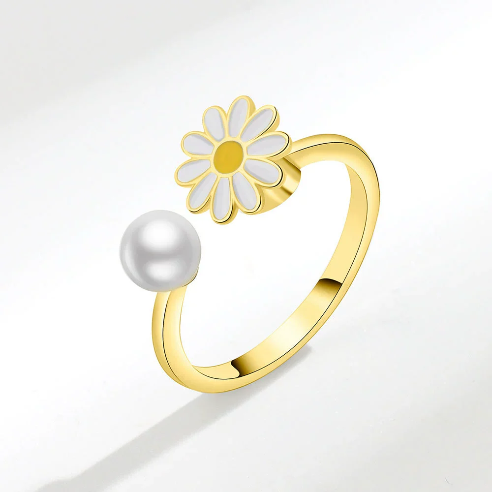 Women's Daisy Pearl Rotating Ring Copper Geometric Electroplating Jewelry - Image 10