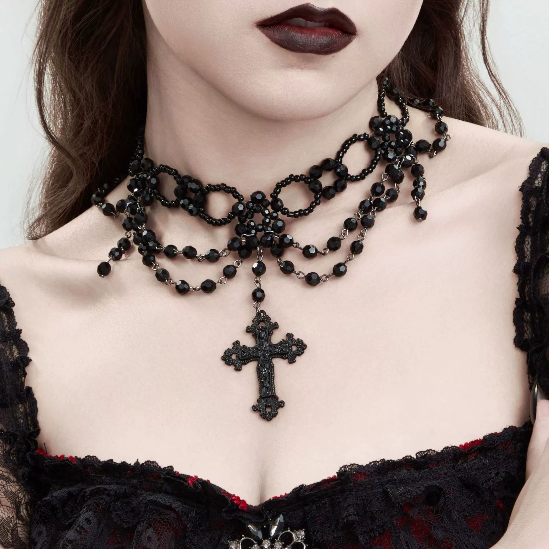 Women's Dark Gothic Handmade Alloy Geometric Cross Pendant Necklace With Multilayer Beaded Tassel And Ball Chain