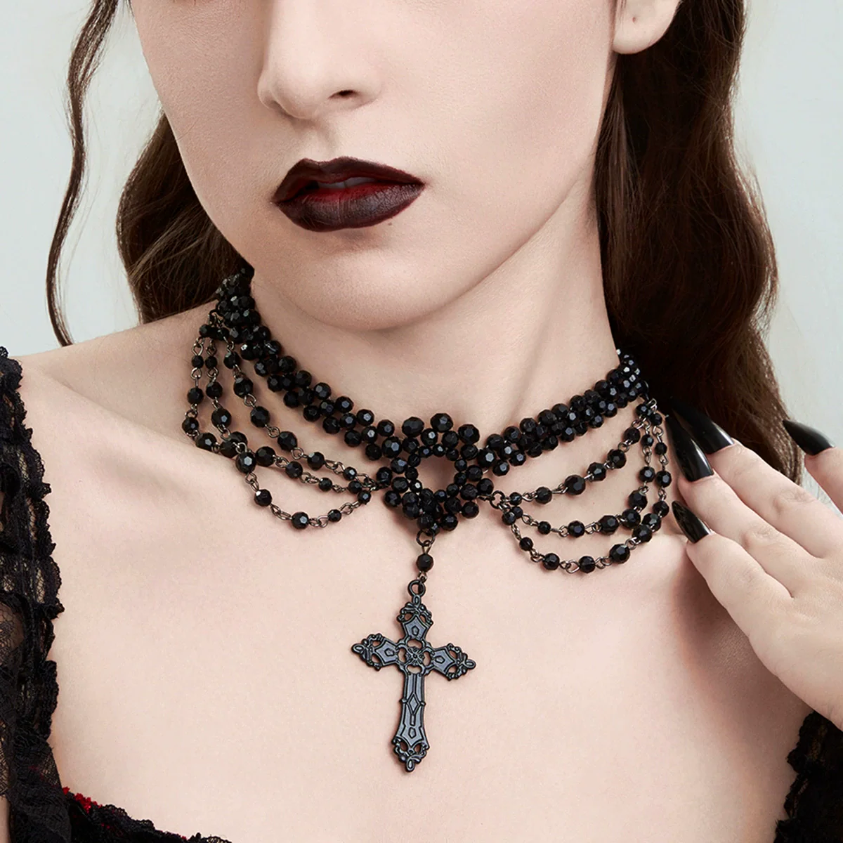Women's Dark Gothic Handmade Alloy Geometric Cross Pendant Necklace With Multilayer Beaded Tassel And Ball Chain - Image 3