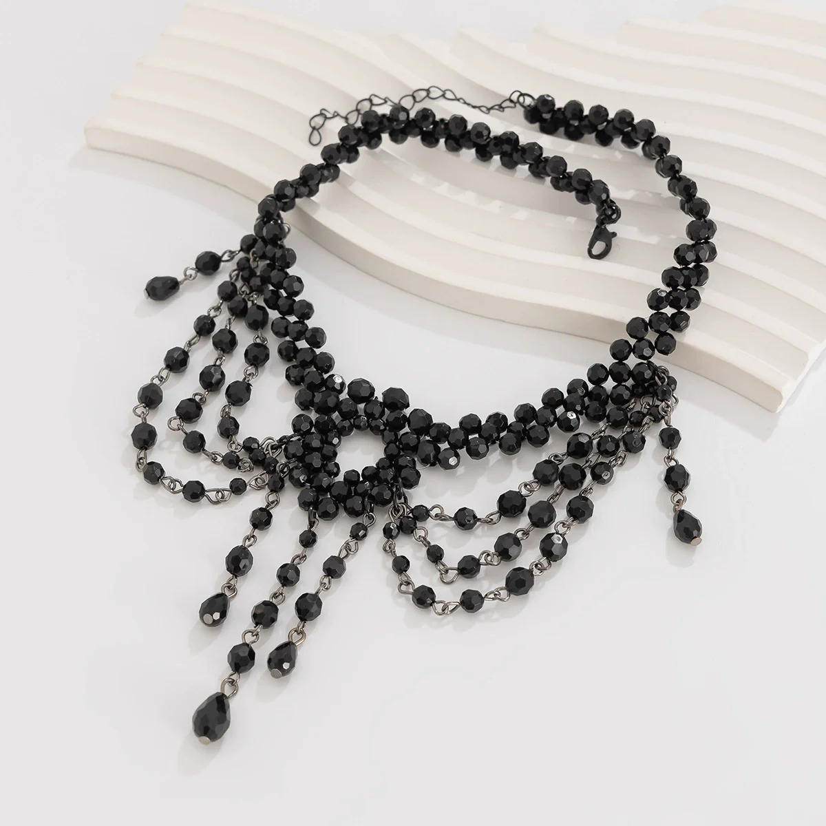 Women's Dark Gothic Handmade Alloy Geometric Cross Pendant Necklace With Multilayer Beaded Tassel And Ball Chain - Image 4
