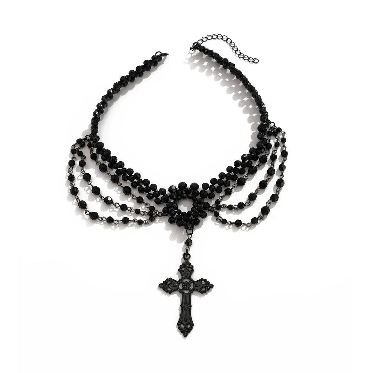 Women's Dark Gothic Handmade Alloy Geometric Cross Pendant Necklace With Multilayer Beaded Tassel And Ball Chain - Image 5