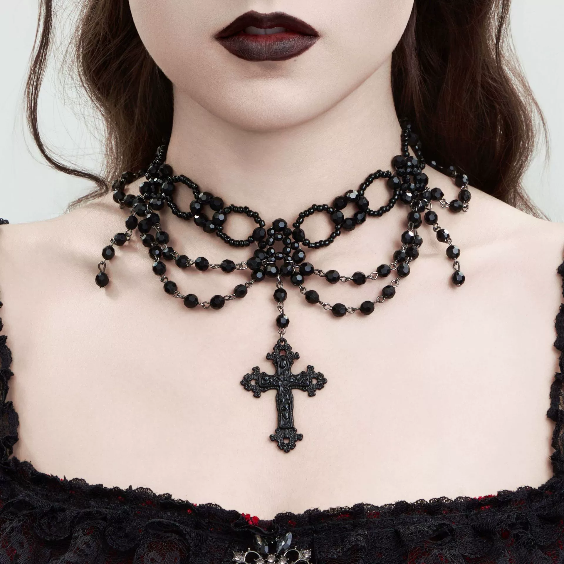 Women's Dark Gothic Handmade Alloy Geometric Cross Pendant Necklace With Multilayer Beaded Tassel And Ball Chain - Image 6