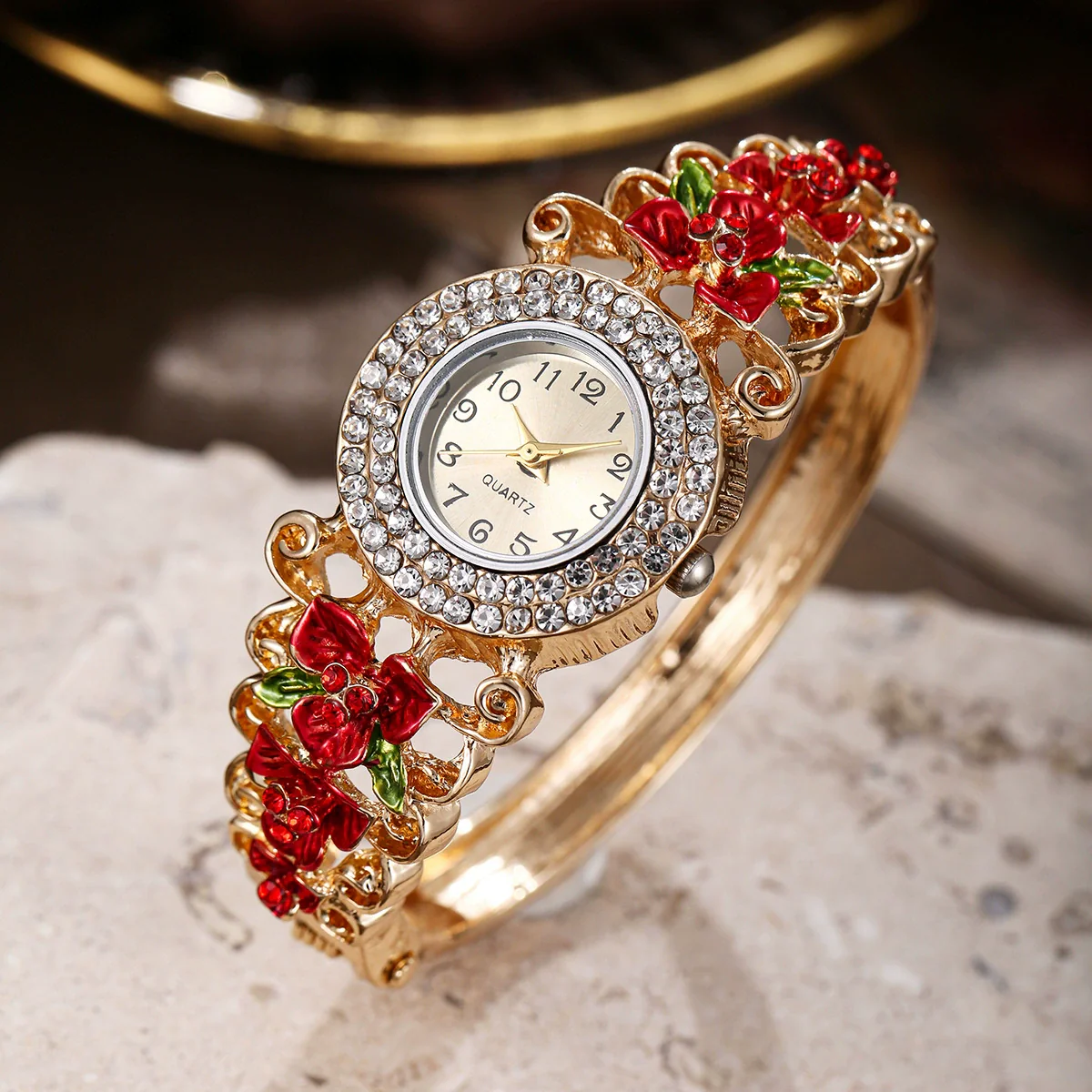 Women's Diamonddecorated Carved Flower Quartz Watch Hollow Alloy Bracelet Round Dial Fashion - Image 4