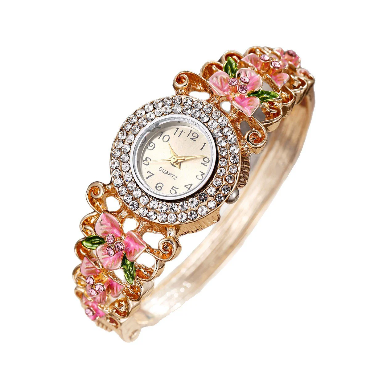 Women's Diamonddecorated Carved Flower Quartz Watch Hollow Alloy Bracelet Round Dial Fashion - Image 5
