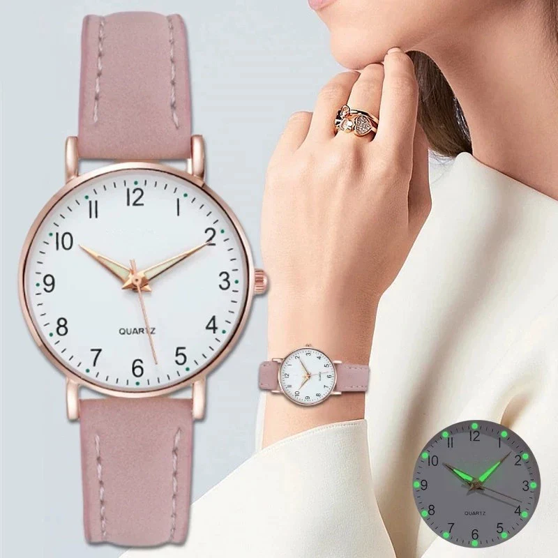 Women's Digital Luminous Pointer Quartz Watch Set Alloy Case Imitation Leather Strap Stainless Steel Clasp Round Dial Leisure Style