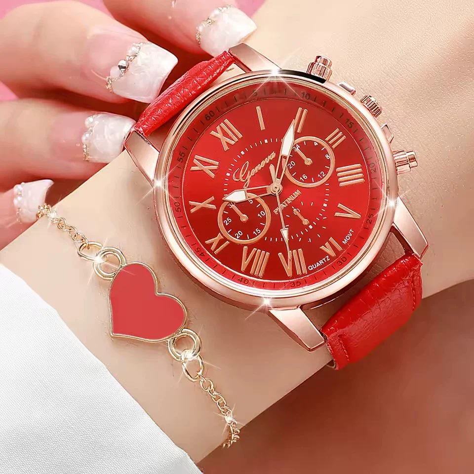 Women's Doublelayer Belt Watch Set With Plastic Case Imitation Leather Strap And Stainless Steel Buckle In Round Shape - Image 5