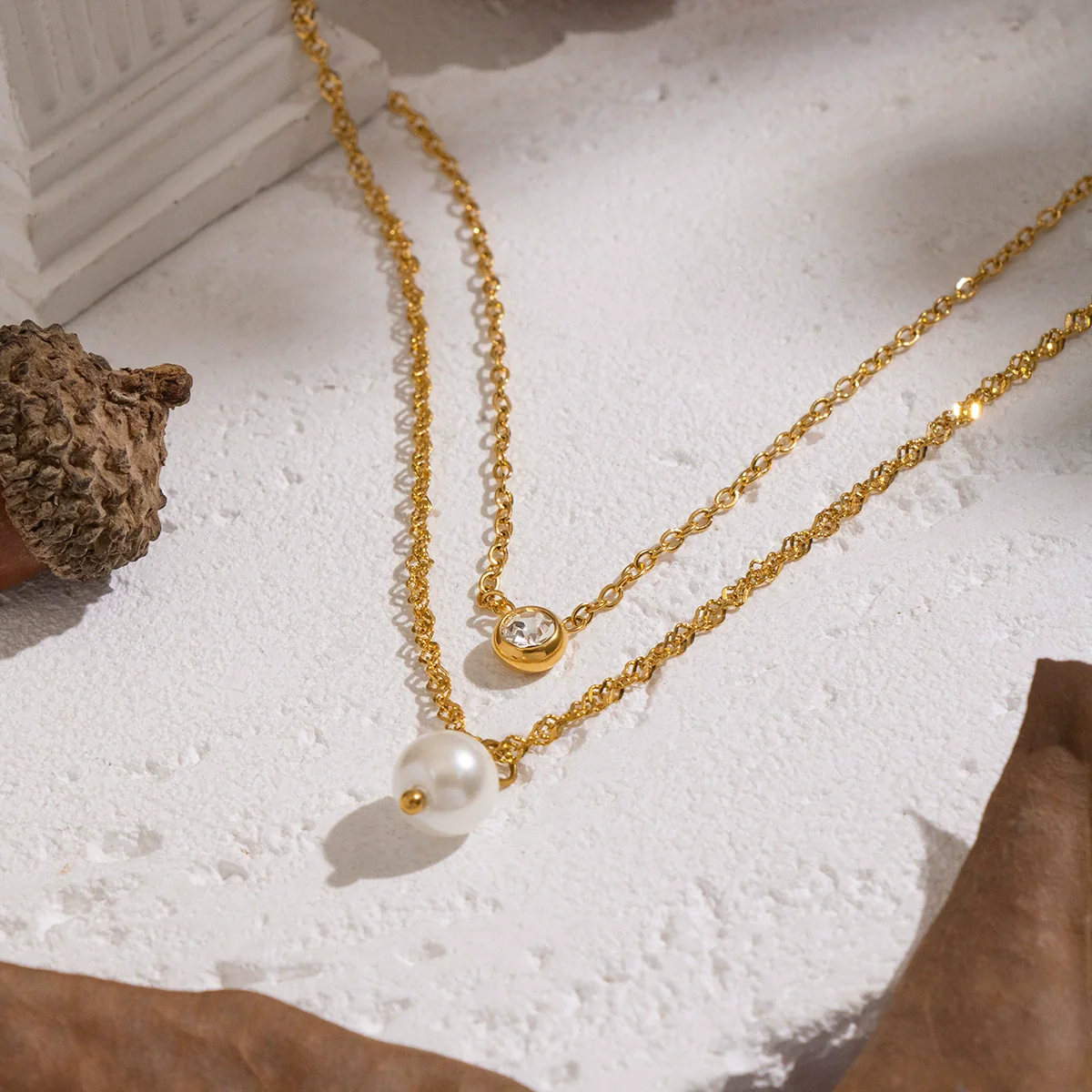 Women's Doublelayer Inlaid Zircon Pearl Necklace Stainless Steel 18K Real Gold Plated Geometric Jewelry - Image 3