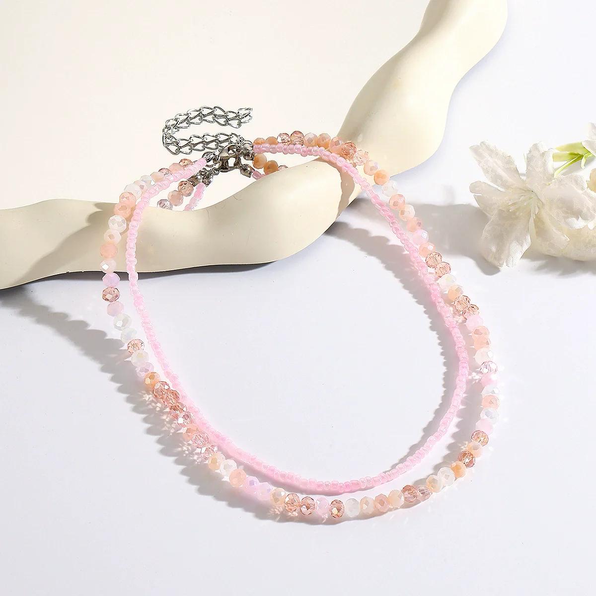 Women's Doublelayer Stacked Artificial Crystal Necklace With Geometric Styling And Electroplating Treatment And Ball Chain - Image 2