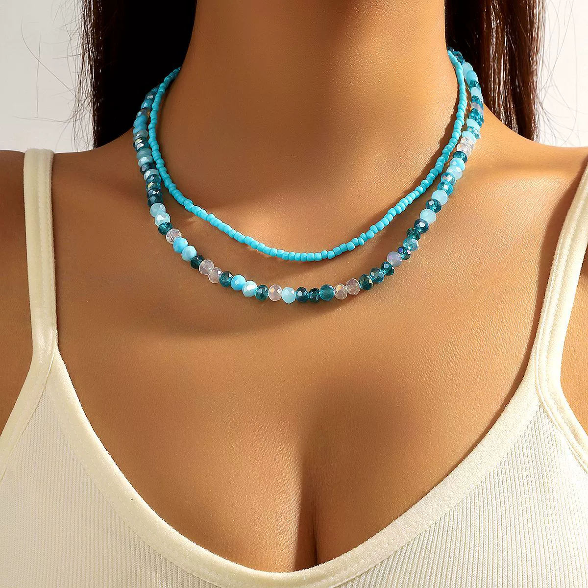 Women's Doublelayer Stacked Artificial Crystal Necklace With Geometric Styling And Electroplating Treatment And Ball Chain - Image 3