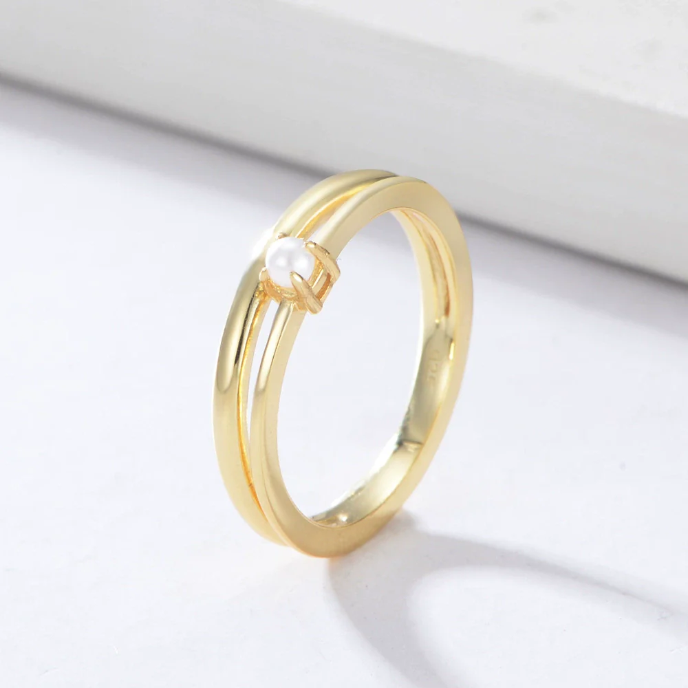 Women's Doublelayered Pearl Ring 925 Silver Geometric Style Set With Pearls