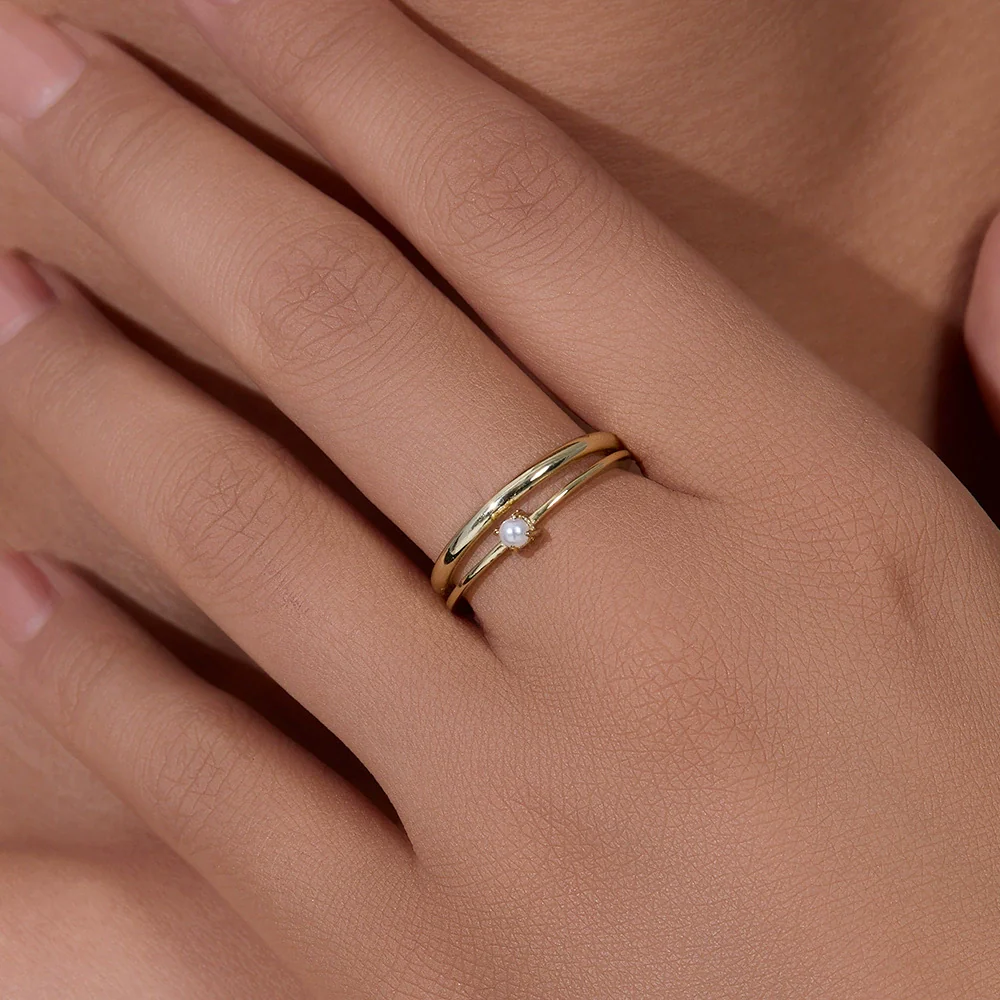 Women's Doublelayered Pearl Ring 925 Silver Geometric Style Set With Pearls - Image 4