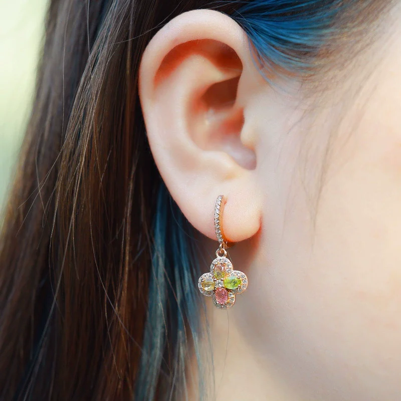 Women's Elegant Geometric Natural Tourmaline Earrings S925 Silver 10K Gold Plated With Diamond Design