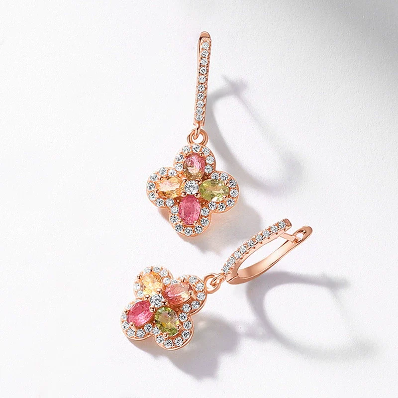 Women's Elegant Geometric Natural Tourmaline Earrings S925 Silver 10K Gold Plated With Diamond Design - Image 2