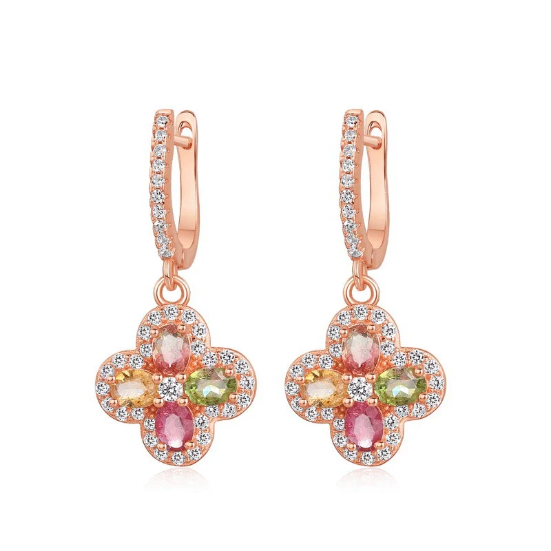 Women's Elegant Geometric Natural Tourmaline Earrings S925 Silver 10K Gold Plated With Diamond Design - Image 4