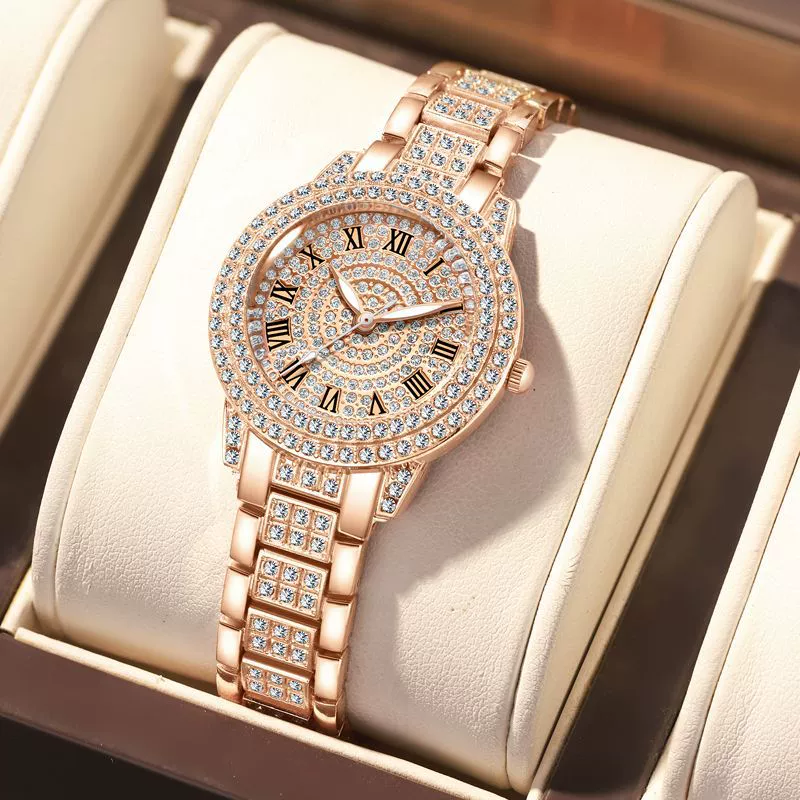 Women's Fashion Alloy Metal Roman Pattern Diamondencrusted Watch Bracelet With Copper Clasp And Round Dial