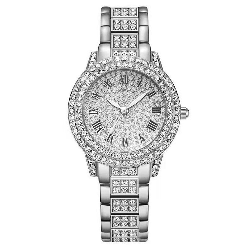 Women's Fashion Alloy Metal Roman Pattern Diamondencrusted Watch Bracelet With Copper Clasp And Round Dial - Image 5