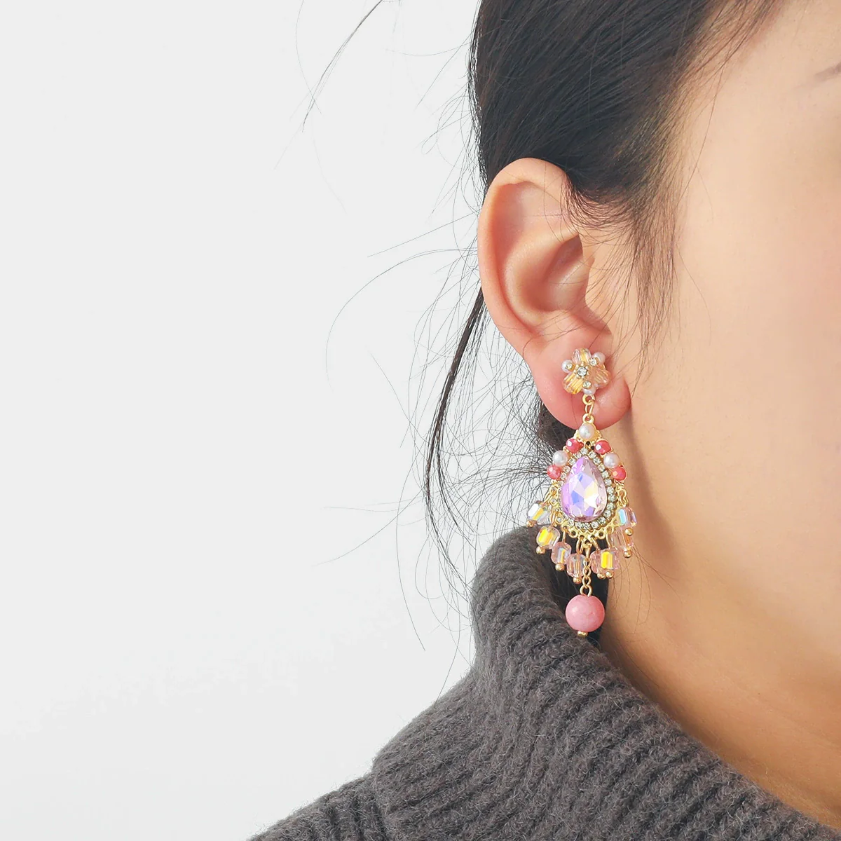 Women's Fashion Crystal Rhinestone Flower Tassel Earrings Set With Diamonds