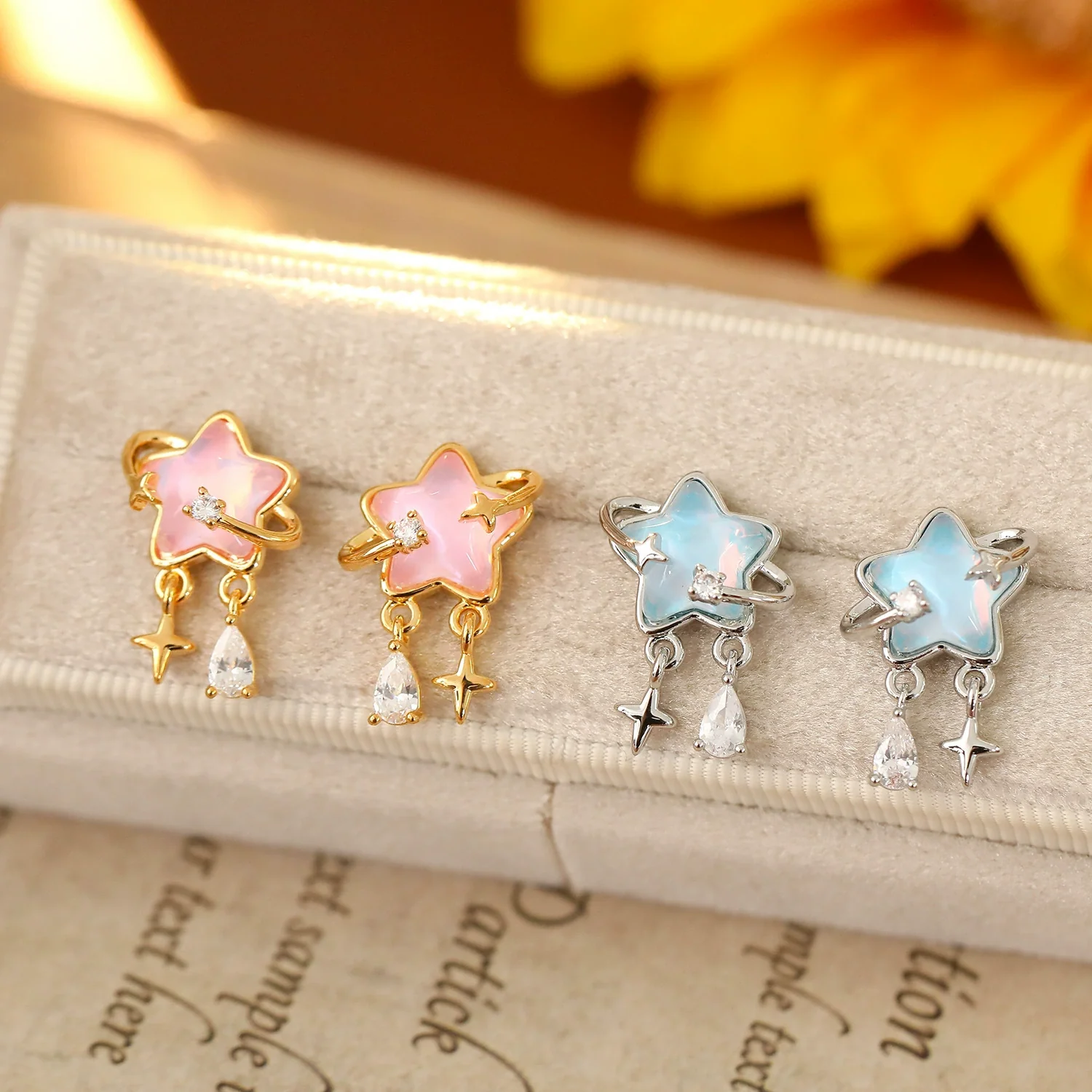 Women's Fashion Geometric Copper Earrings With Surrounding Stars Blue Glass Fairy Tassels Electroplated - Image 2