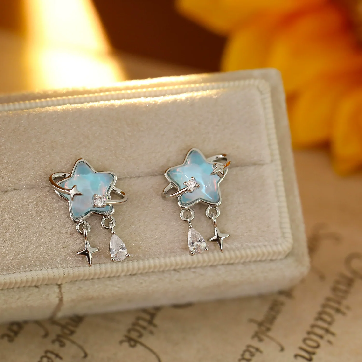 Women's Fashion Geometric Copper Earrings With Surrounding Stars Blue Glass Fairy Tassels Electroplated - Image 3