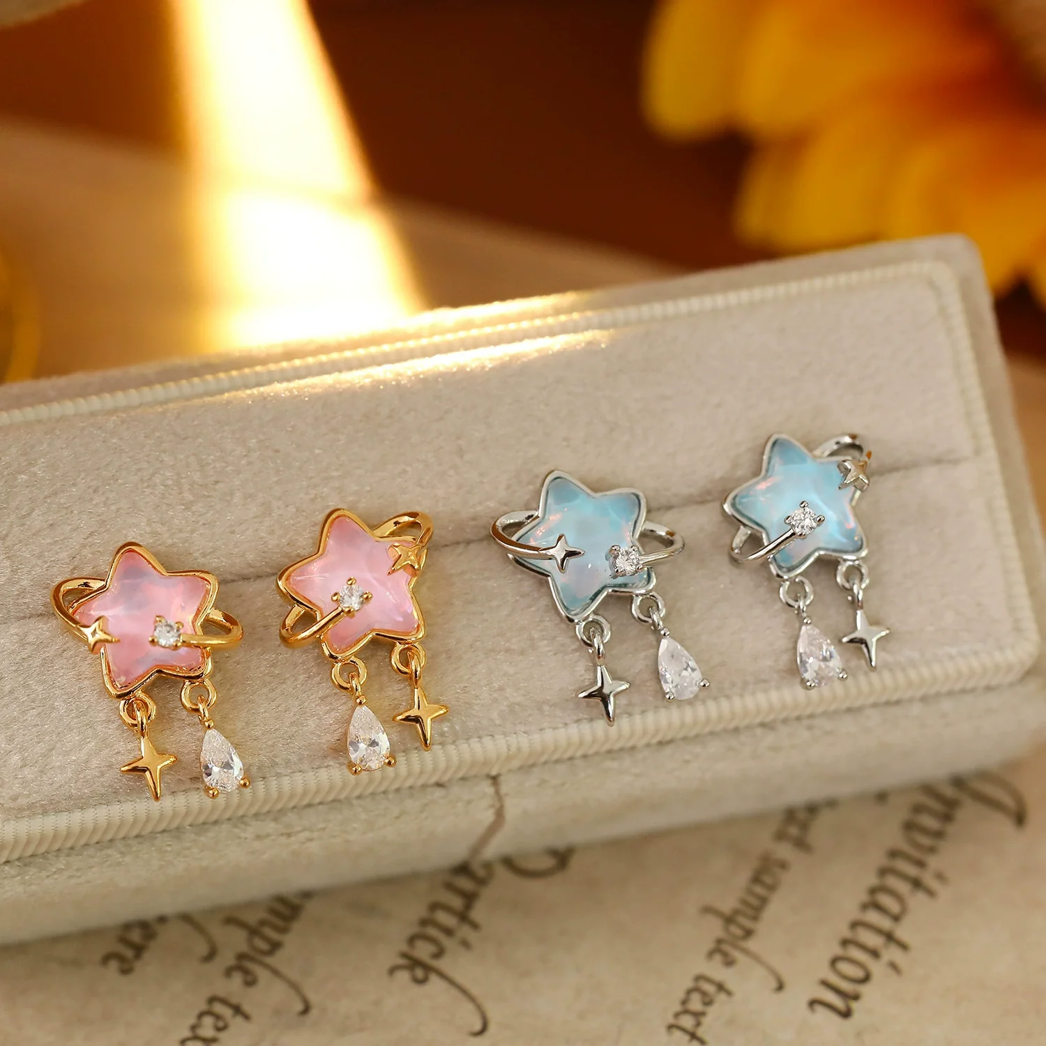 Women's Fashion Geometric Copper Earrings With Surrounding Stars Blue Glass Fairy Tassels Electroplated - Image 4