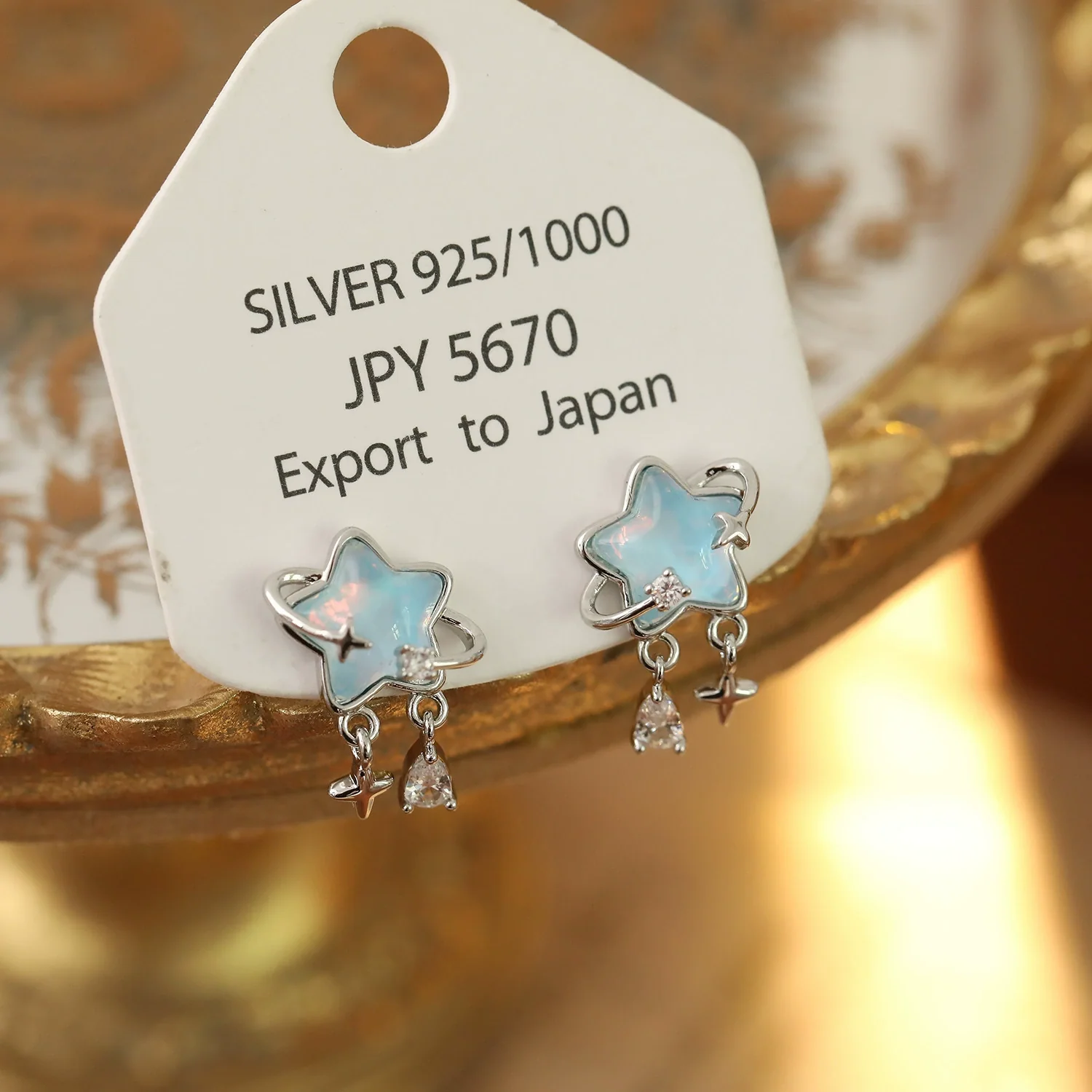 Women's Fashion Geometric Copper Earrings With Surrounding Stars Blue Glass Fairy Tassels Electroplated - Image 7