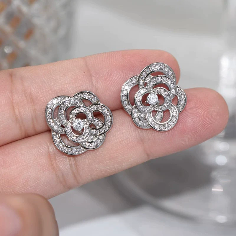 Women's Fashion Jewelry Copper Ring And Earrings With Camellia Pattern And Zirconia Design - Image 2