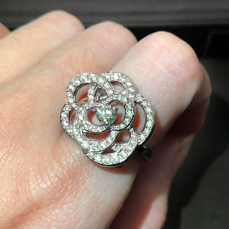 Women's Fashion Jewelry Copper Ring And Earrings With Camellia Pattern And Zirconia Design - Image 3