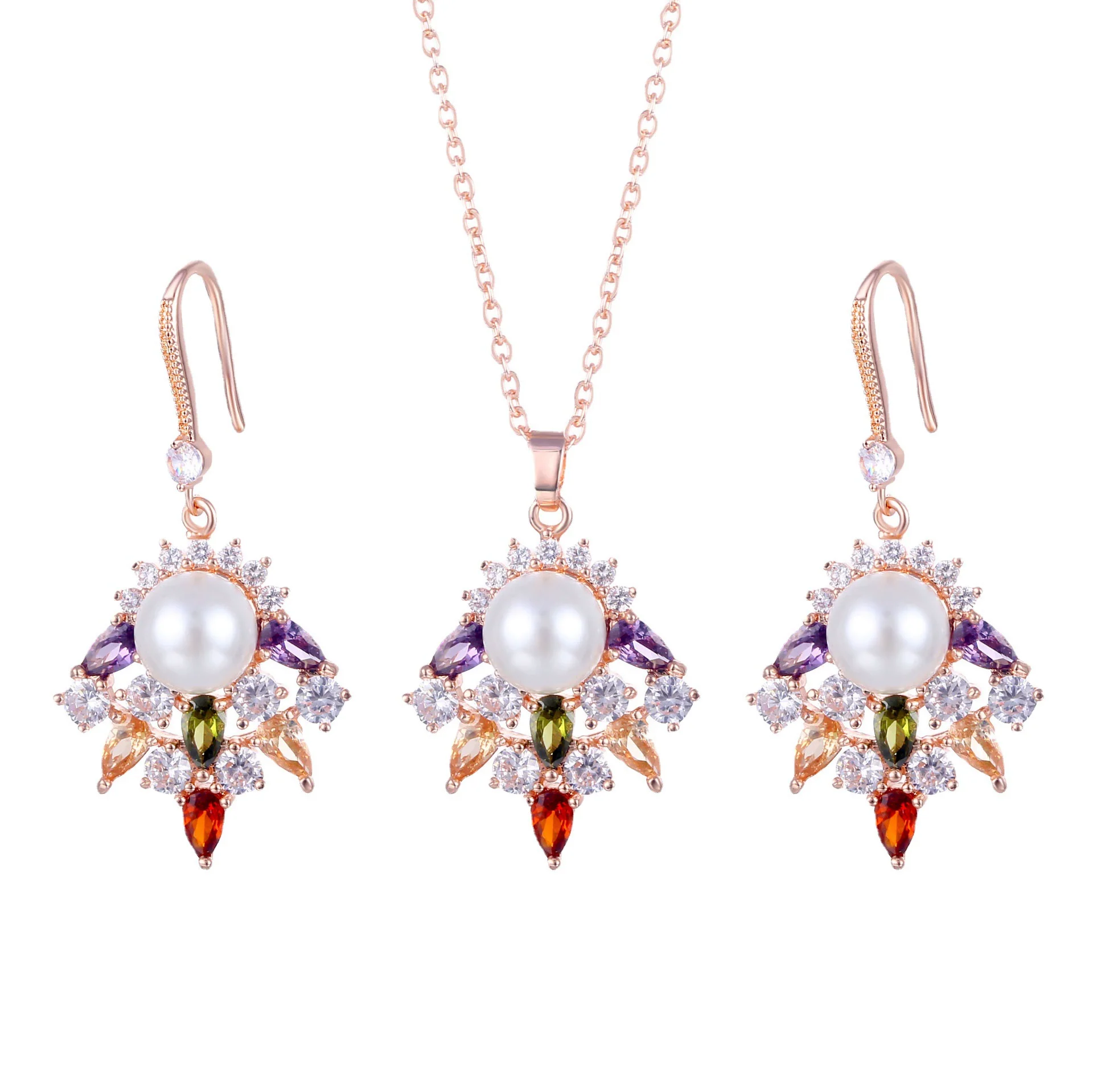 Women's Fashion Jewelry Set With Zircon Pearl Flower Pendant And Rose Gold Plated Environmental Protection Copper Ochain And Diamond Design - Image 5
