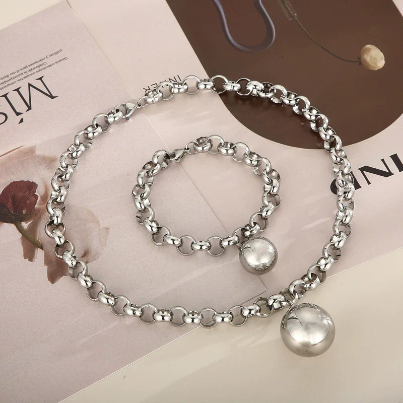 Women's Fashion Jewelry Twopiece Set With Titanium Steel And Pearl Chain And Large Ball Design - Image 3