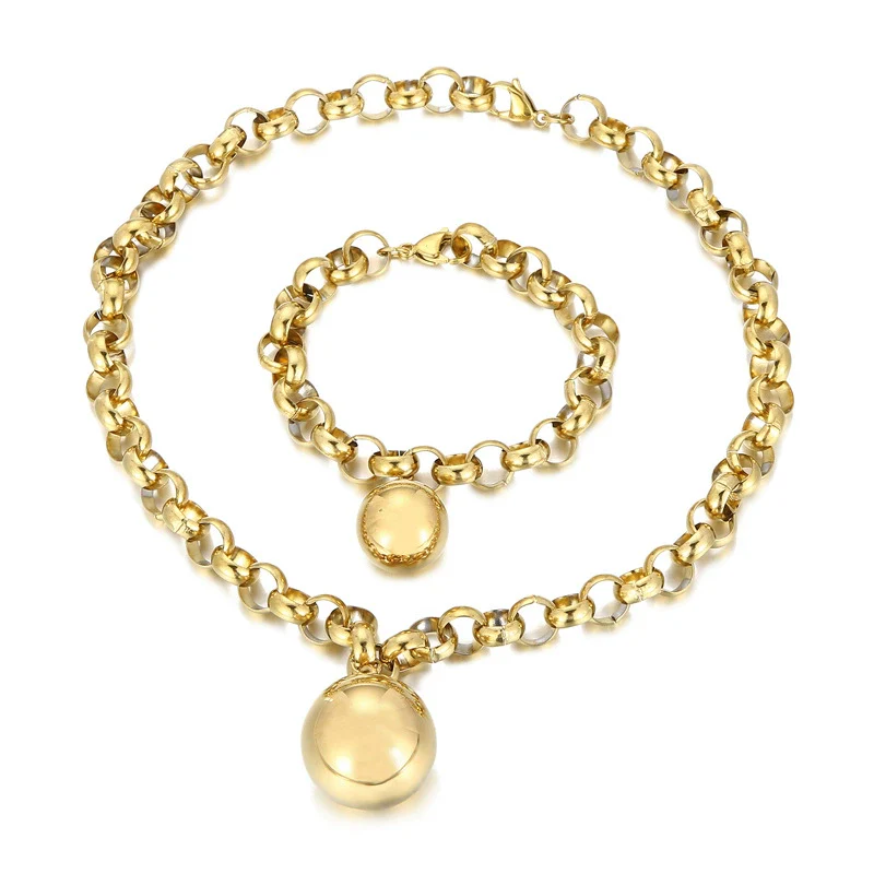 Women's Fashion Jewelry Twopiece Set With Titanium Steel And Pearl Chain And Large Ball Design - Image 5