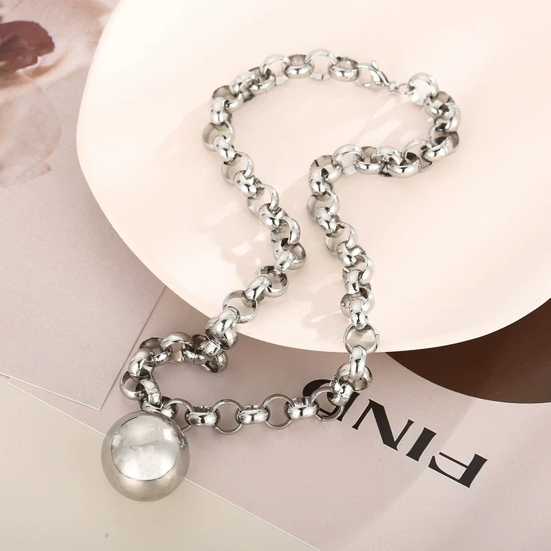Women's Fashion Jewelry Twopiece Set With Titanium Steel And Pearl Chain And Large Ball Design - Image 8