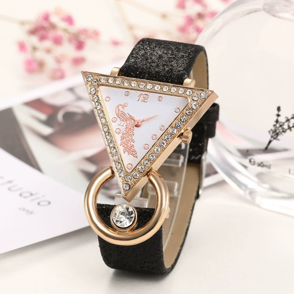 Women's Fashion Leather Watch With Inverted Triangle Diamond Set And Alloy Case - Image 16