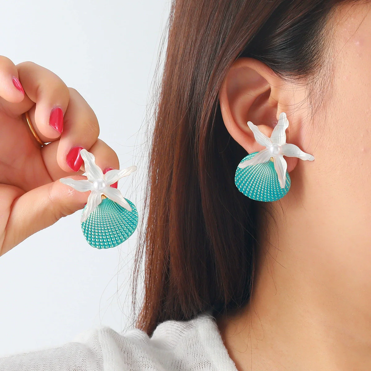 Women's Fashion Marine Style Zinc Alloy Geometric Starfish Shell Imitation Pearl Earrings