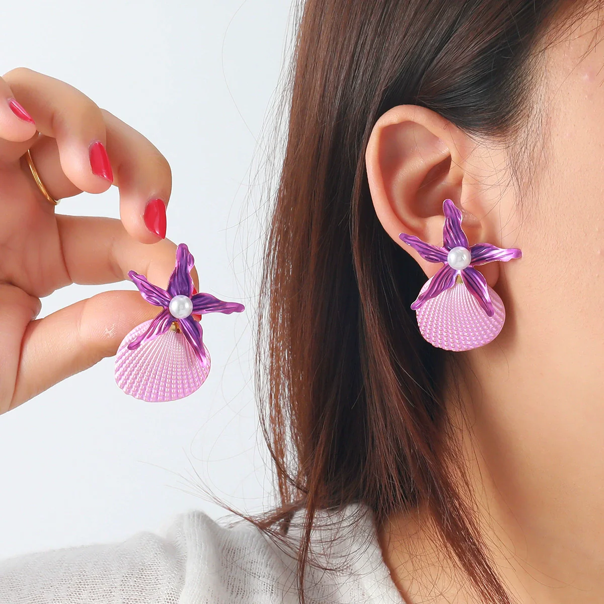 Women's Fashion Marine Style Zinc Alloy Geometric Starfish Shell Imitation Pearl Earrings - Image 2